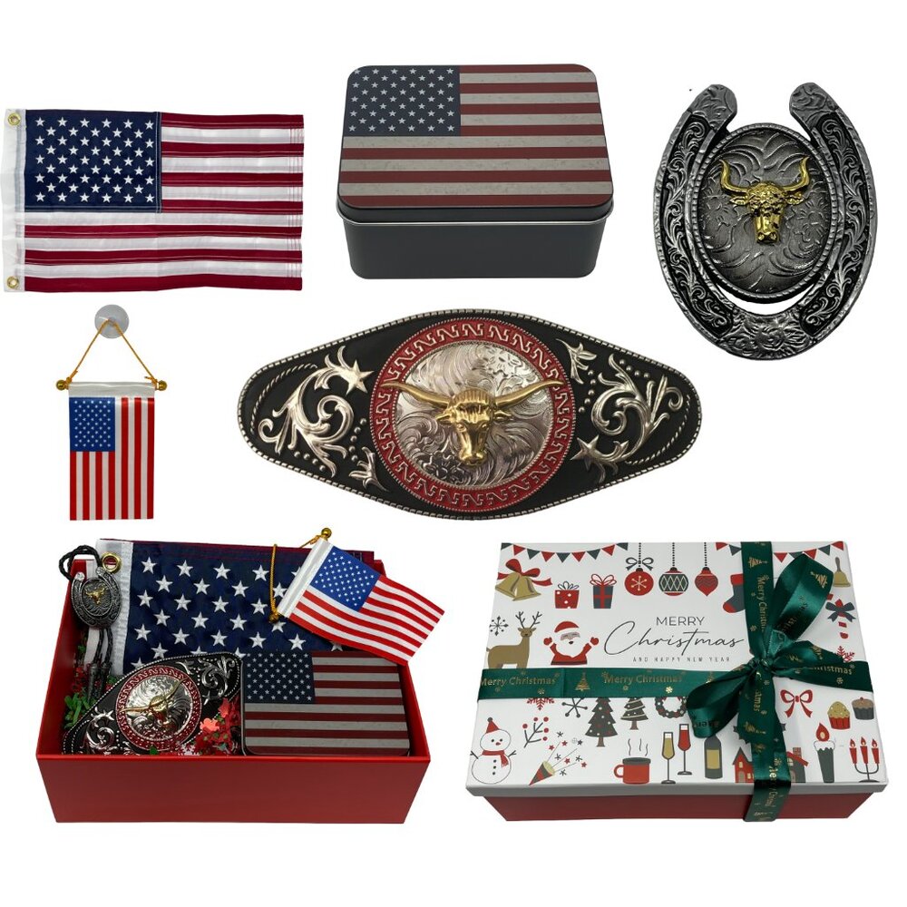 Western Belt Buckle Christmas Gift Set for Veterans American Flag Holiday Gifts